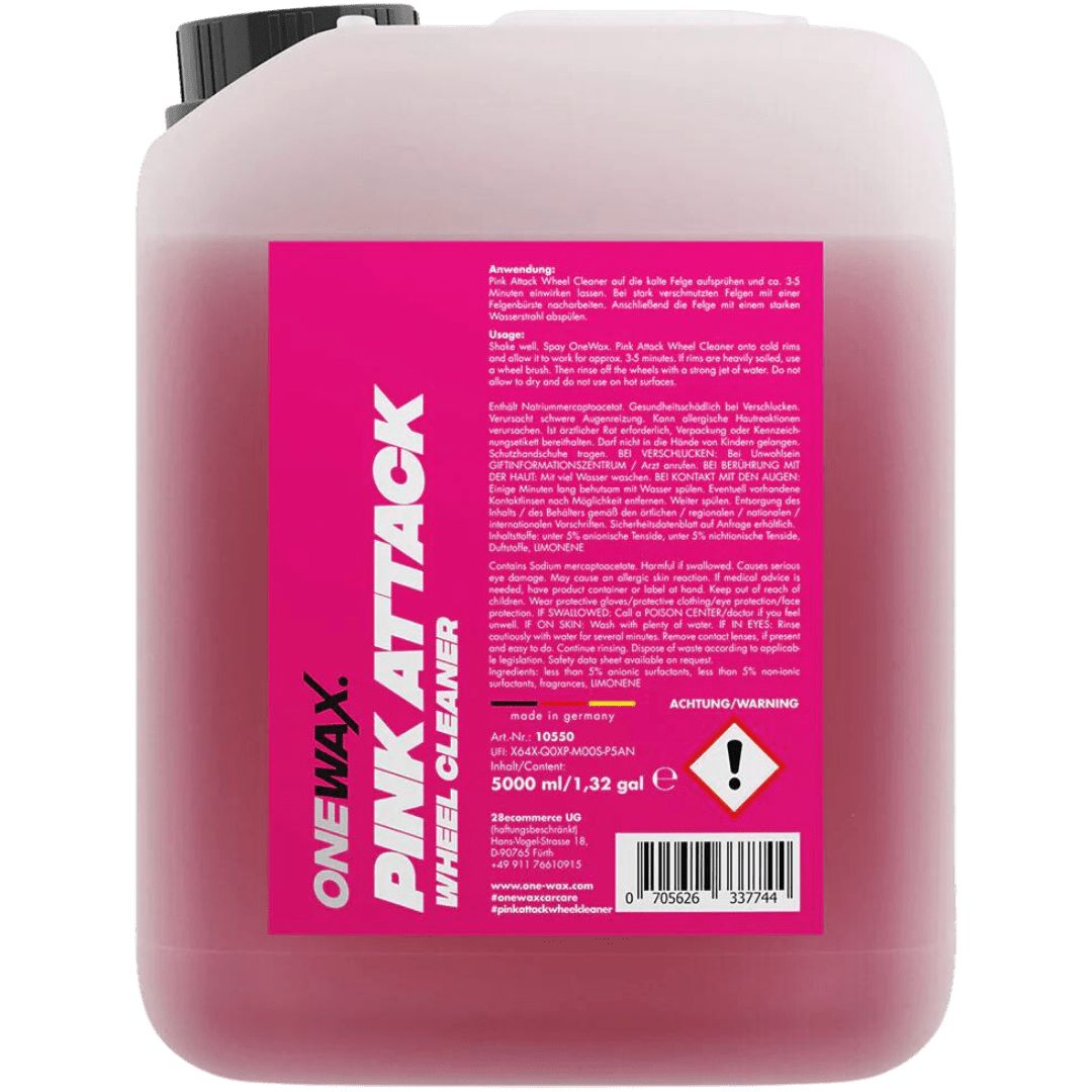 Der 5 Liter Behälter des OneWax Pink Attack Wheel Cleaner Felgenreiniger