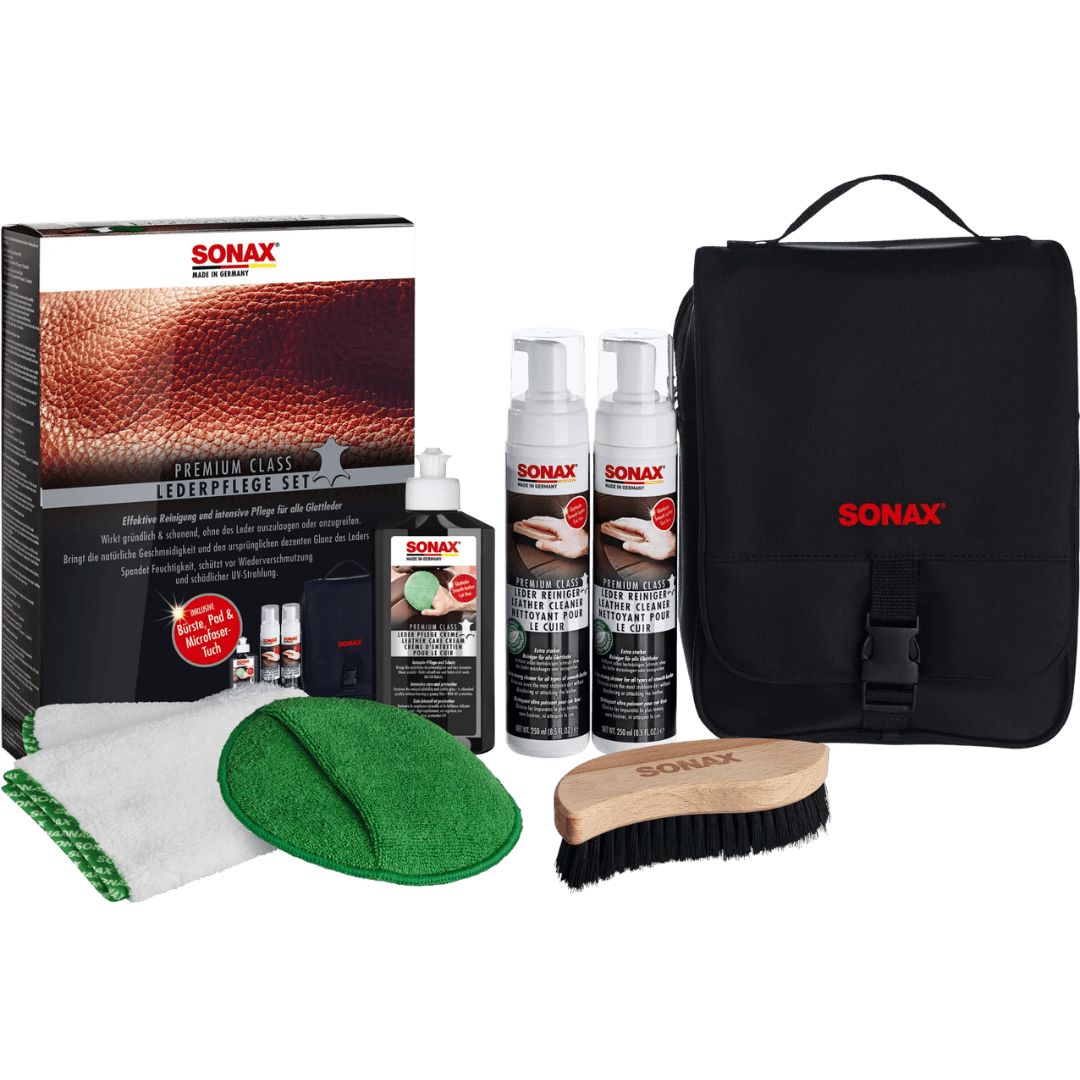 Das komplette Sonax Premium Class Lederpflege Set mit Tasche, Applikator und Lederbürste