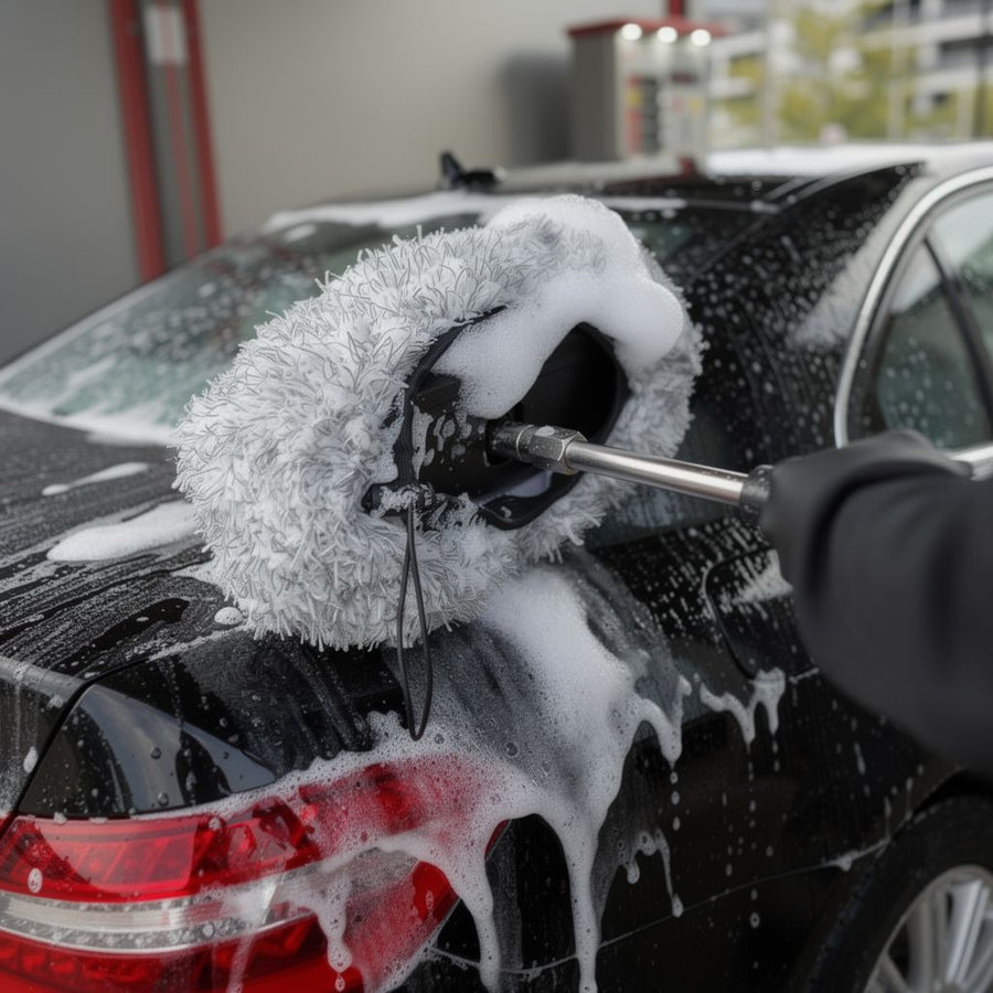 Waschbürste mit Andrado Überzug gleitet mit Schaum über ein schwarzes Auto