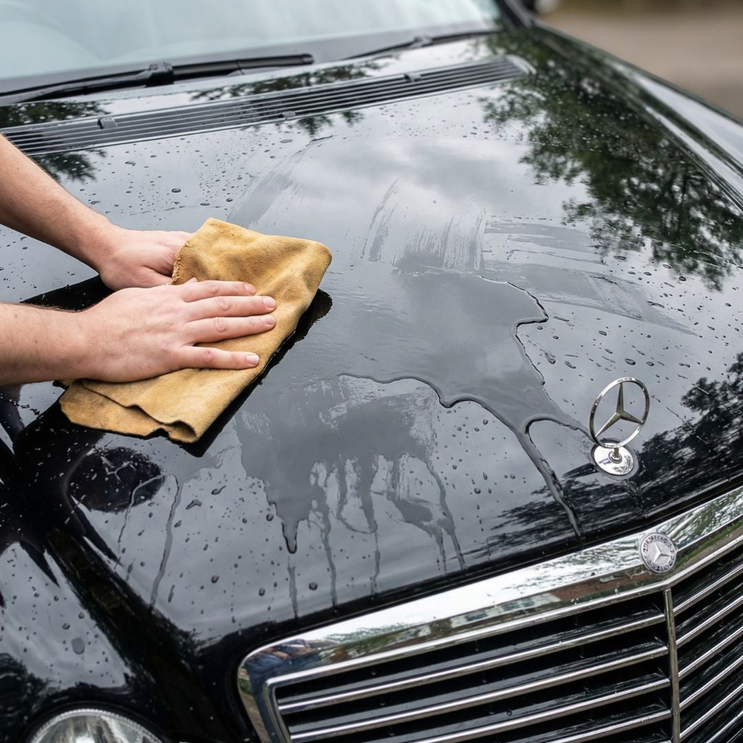 Nasse Motorhaube wird mit einem dünnen Tuch trocken gerieben