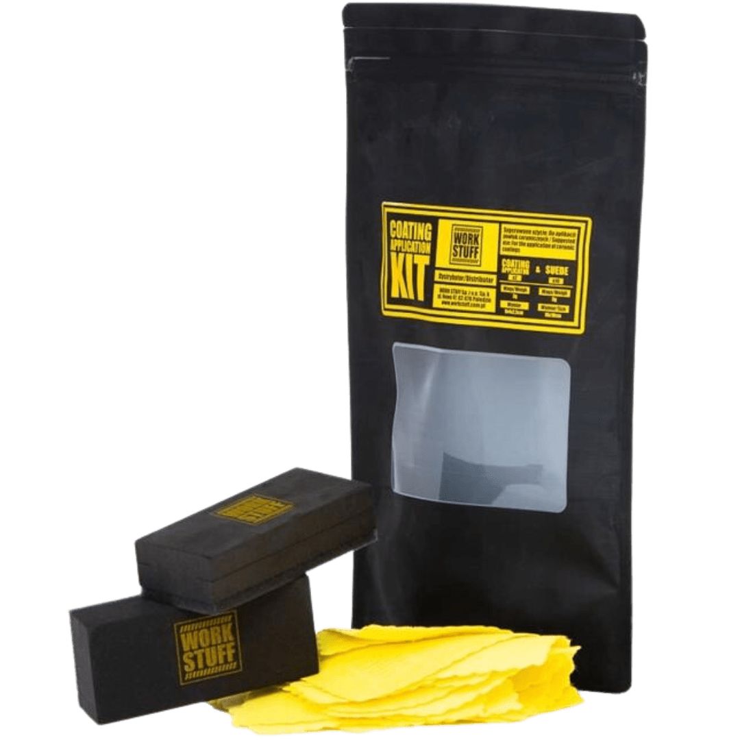 Die schwarze Verpackung des Work Stuff Coating Applicator Kit mit Logo