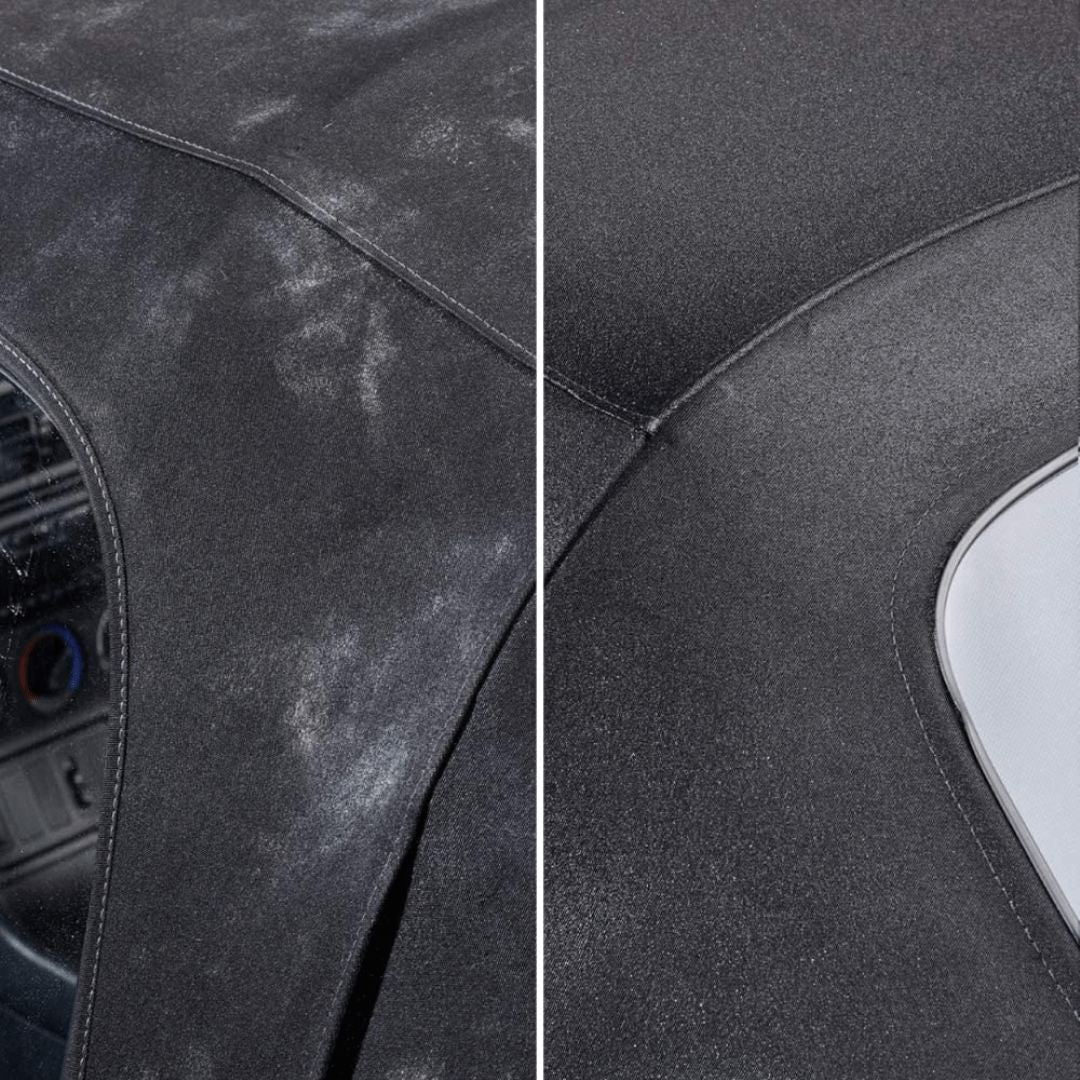 Ein Cabrioverdeck links unbehandelt und rechts behandelt mit Sonax Cabrioverdeckreiniger