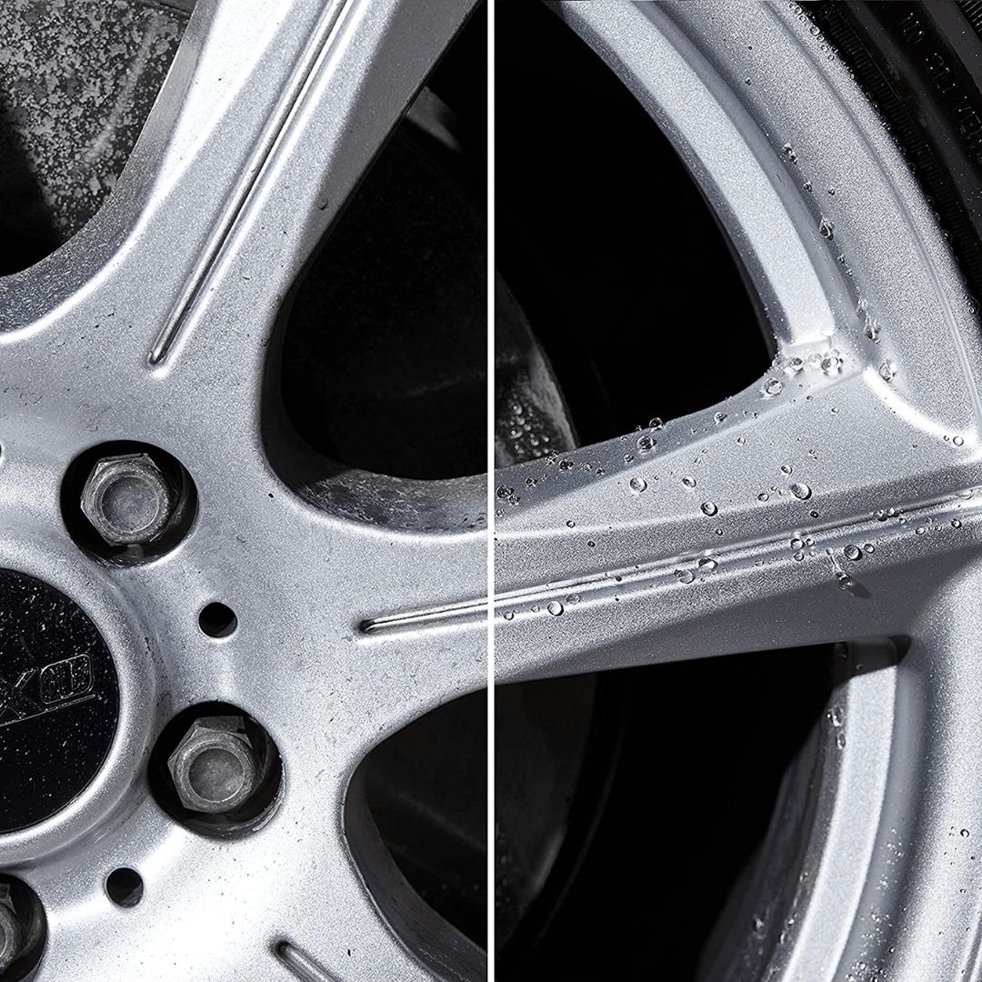 Ein Felge links unbehandelt und rechts behandelt mit Sonax Xtreme Felgenschutzversiegelung