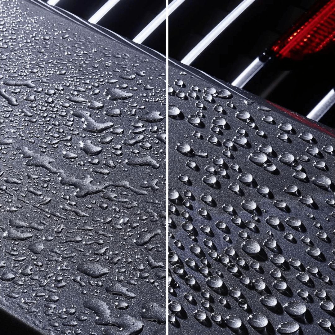 Autokarosserie links unbehandelt und rechts behandelt mit Sonax Profiline Ceramic Coating Evo Set Keramikversiegelung