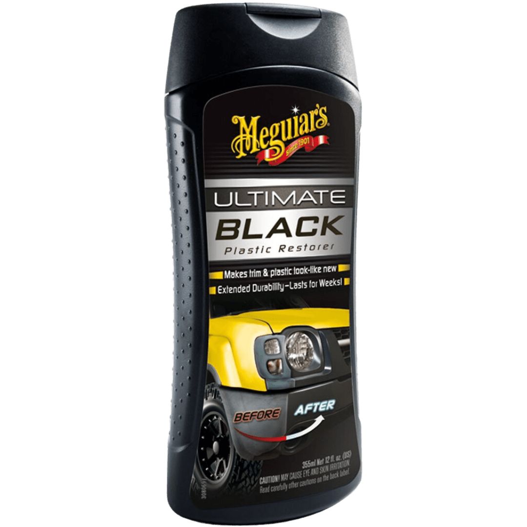 Die 355 Milliliter Flasche der Meguiars Ultimate Black Plastic Restorer Kunststoffpflege