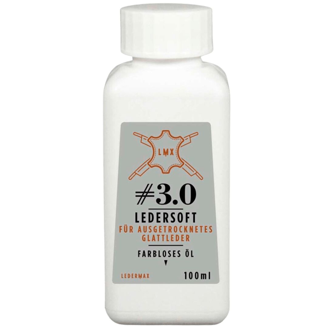 Die 100 Milliliter Flasche der Ledermax Ledersoft 3.0 Lederpflege