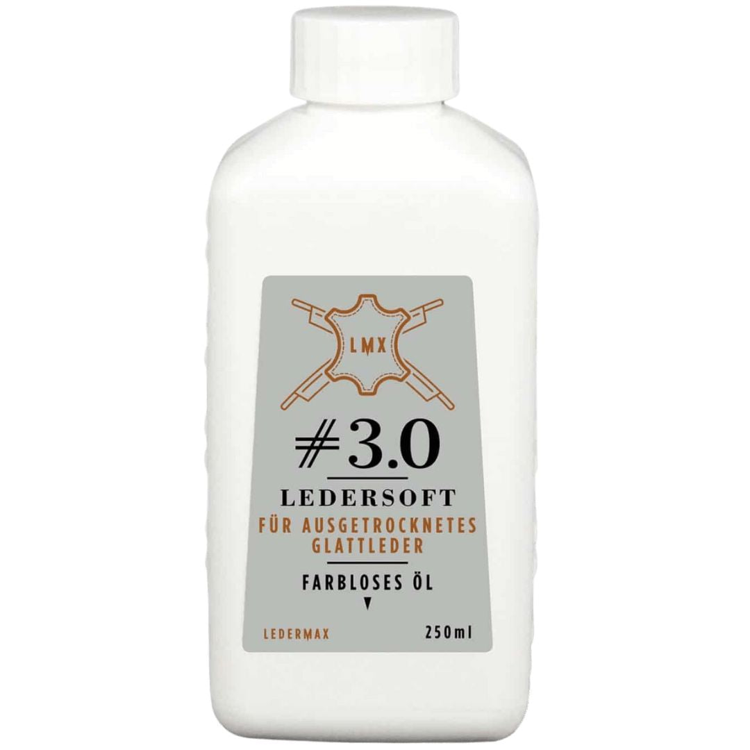 Die 250 Milliliter Flasche der Ledermax Ledersoft 3.0 Lederpflege