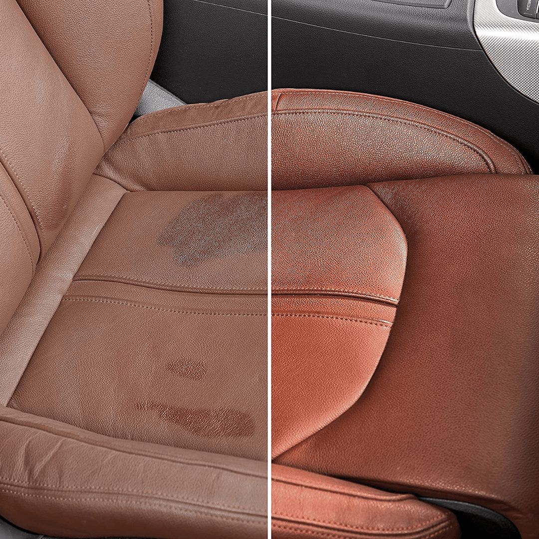 Ein Ledersitz links unbehandelt und rechts behandelt mit Sonax Premium Class Lederpflege Set