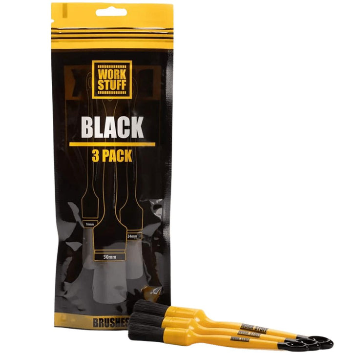 Die Verpackung des Work Stuff Detailing Brush Black 3er Set und die enthaltenen Pinsel