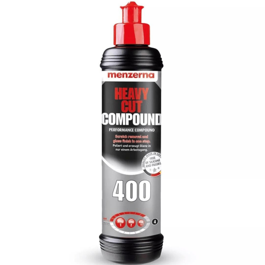 Die 250 Milliliter Flasche der Menzerna Heavy Cut Compound 400 Politur