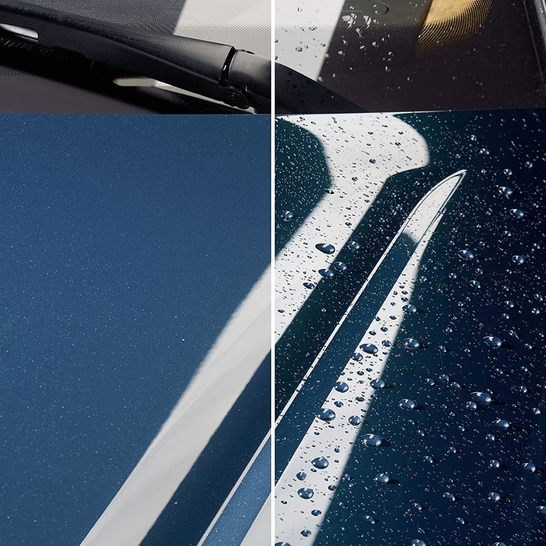 Eine Motorhaube links unbehandelt und rechts behandelt mit Sonax AutoPolitur