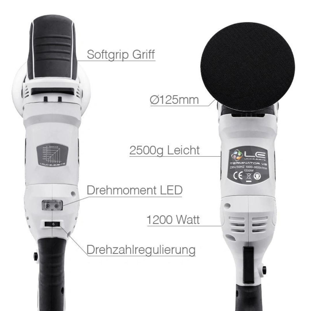 Die Liquid Elements Terminator V2 Rotationspoliermaschine mit einer Auflistung der Eigenschaften