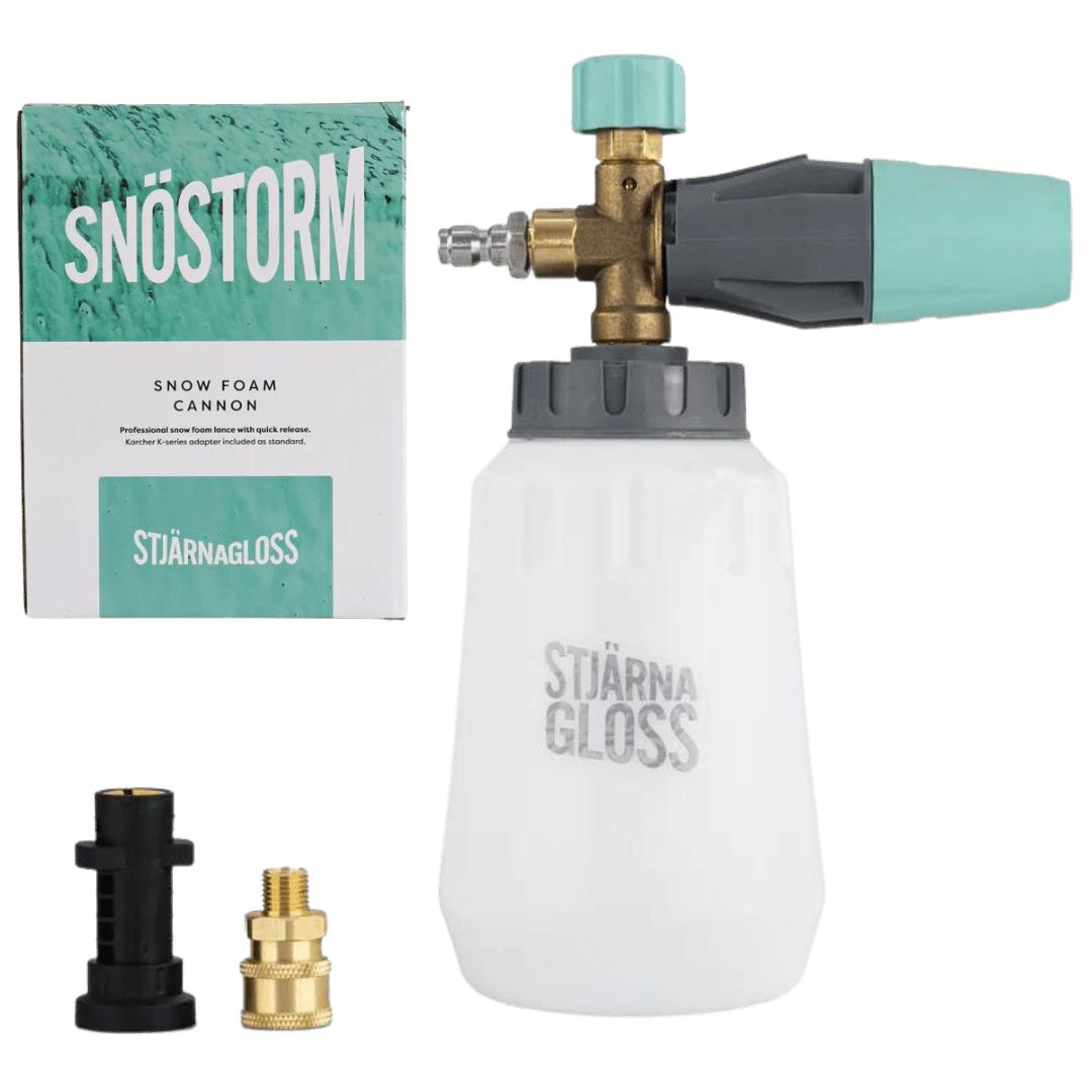 Die Stjarnagloss Snöstorm 1 Liter mit der Verpackung und zwei Aufsätzen