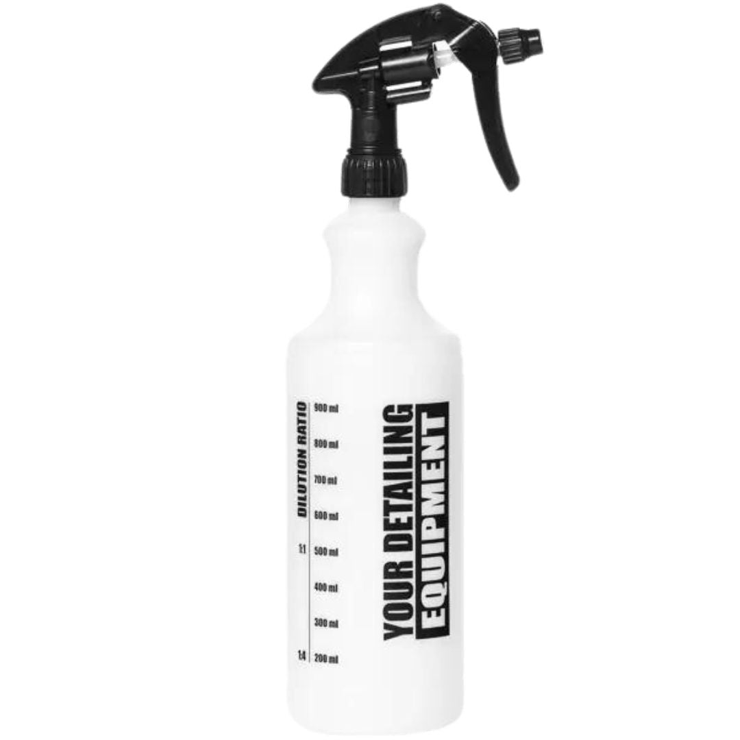 Die Rückseite der 1 Liter Work Stuff Work Bottle Sprühflasche mit Slogan und Massangaben