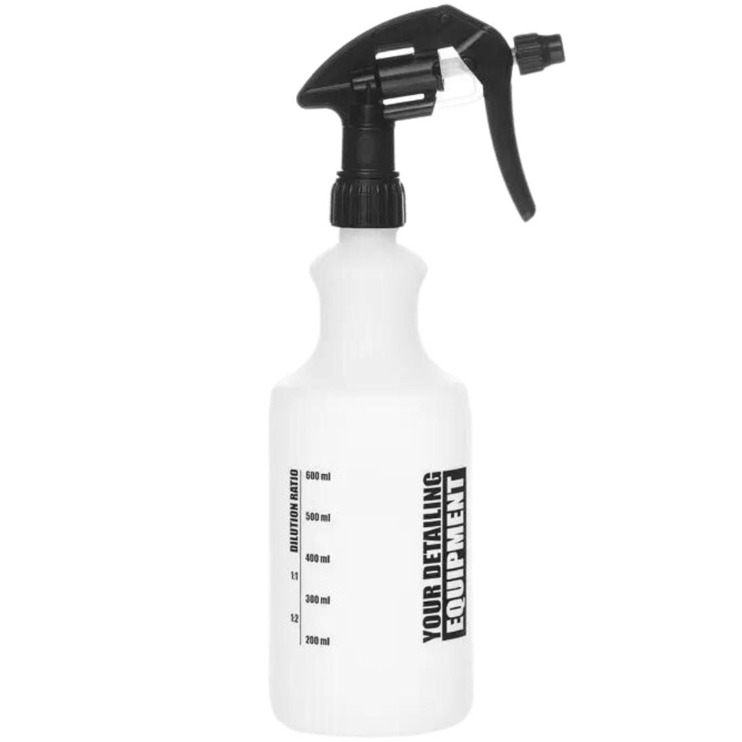 Die Rückseite der 750 Milliliter Work Stuff Work Bottle Sprühflasche mit Slogan und Massangaben
