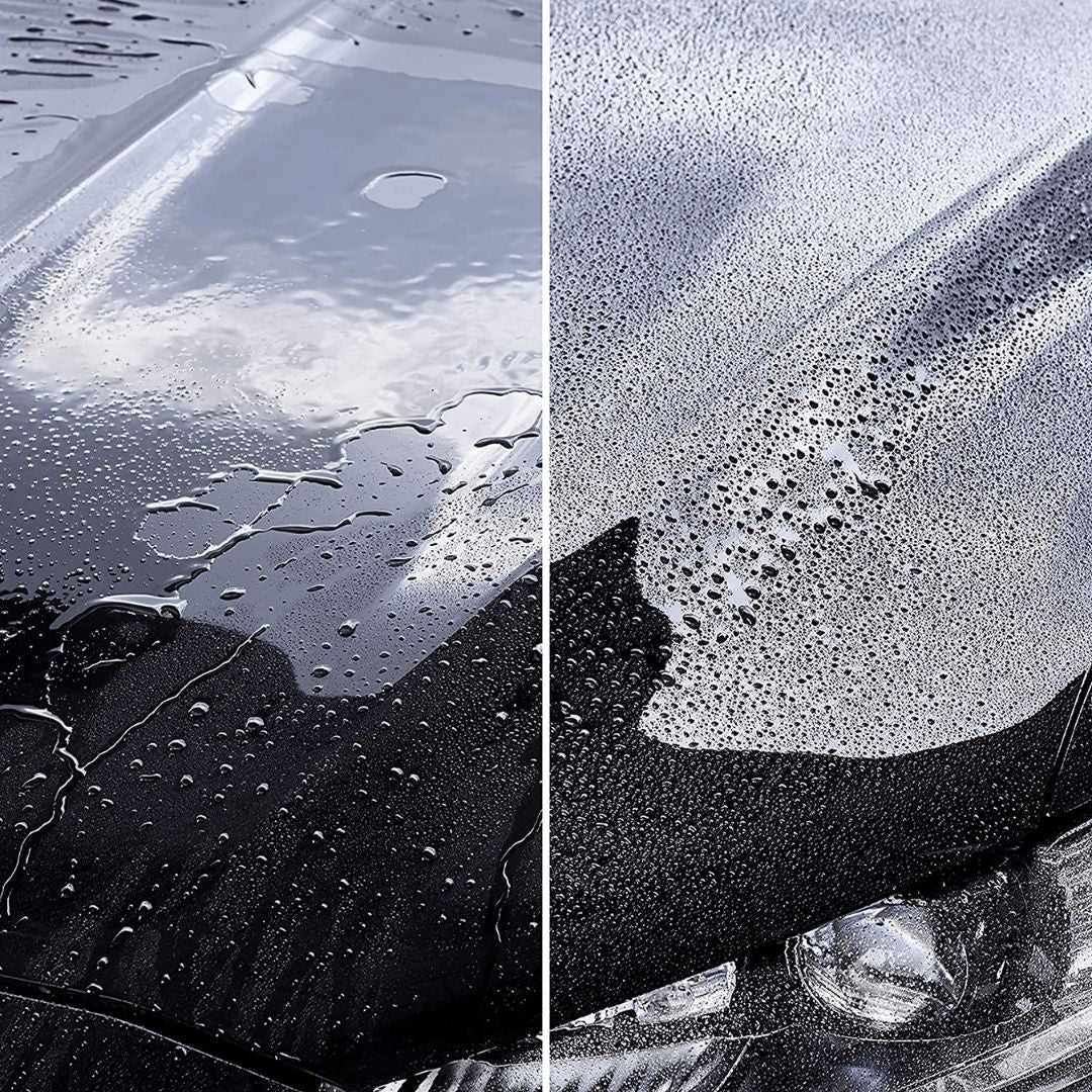 Karosserie links unbehandelt und rechts behandelt mit Sonax HighSpeedWax Sprühversiegelung