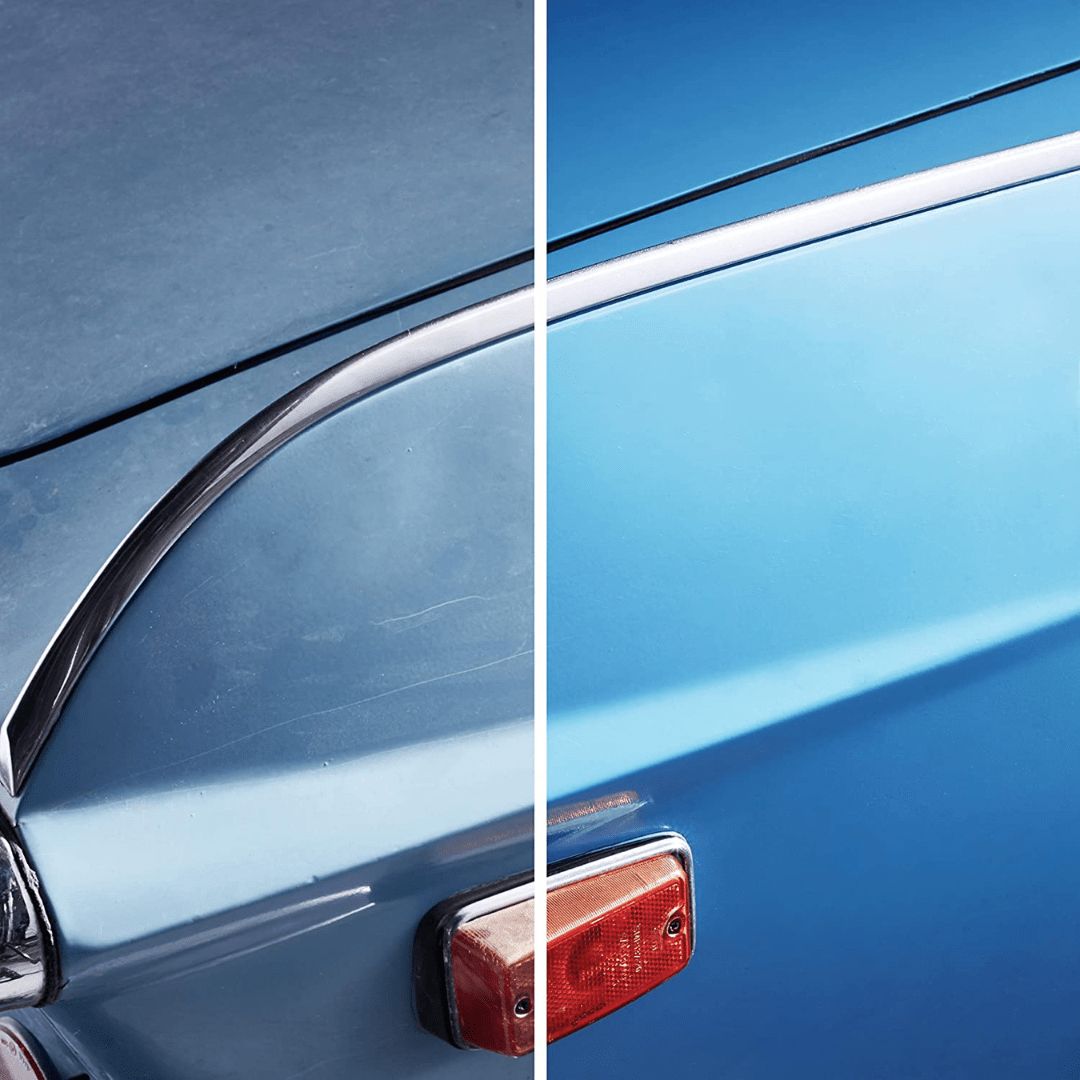 Autokarosserie links unbehandelt und rechts behandelt mit Sonax Premium Class CarnaubaCare Pflegeset