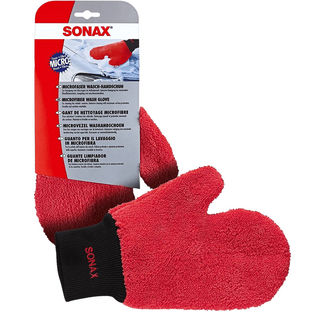 Der Sonax Microfaser Wasch-Handschuh mit und ohne Verpackung