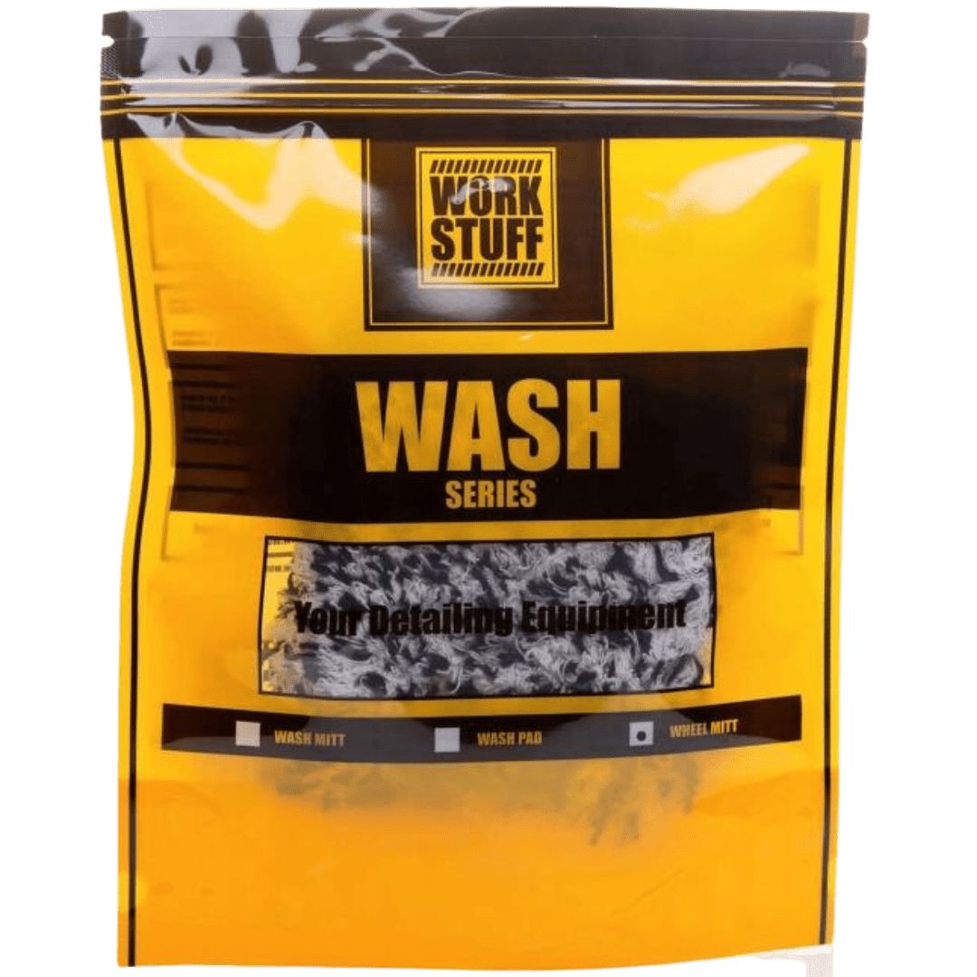 Der gelbe Verpackung des Work Stuff Hurricane Wheel Mitt Waschhandschuh