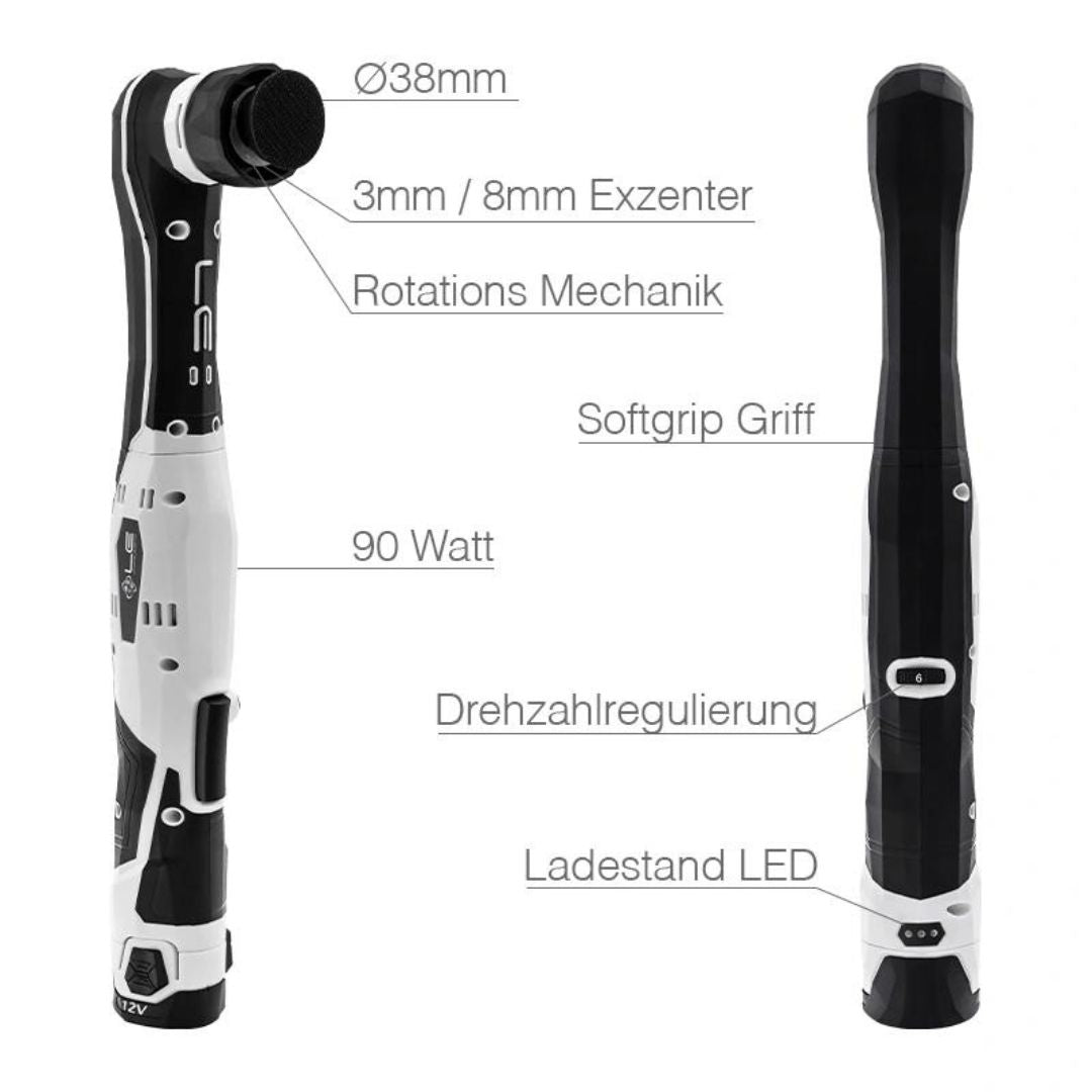 Die Liquid Elements A1000 V4 Mini Poliermaschine mit eingezeichneten Eigenschaften